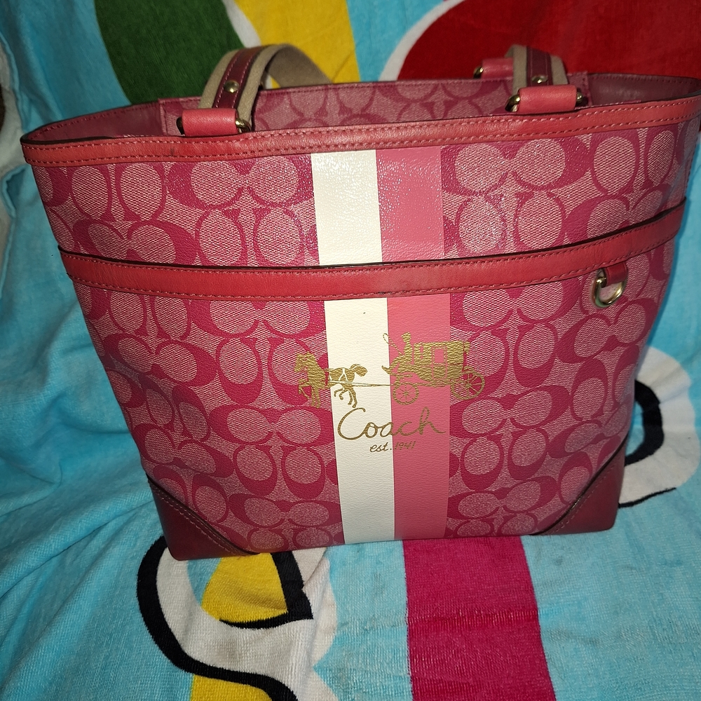 Coach Pink and White Signature Stripe Tote